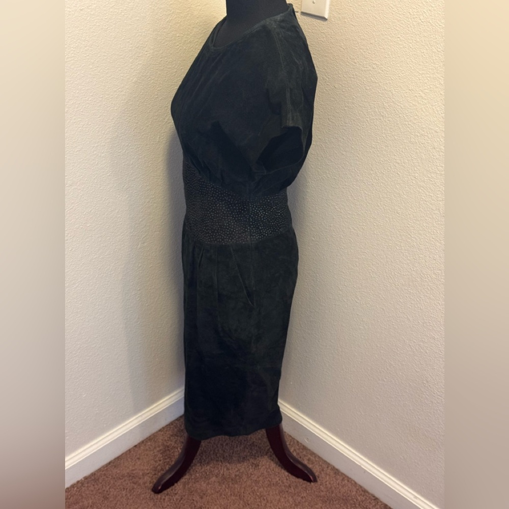 Vintage I. Magnin 80's Black Leather Suede Pig Skin Sheath Corset Dolman 8 - Picture 3 of 9